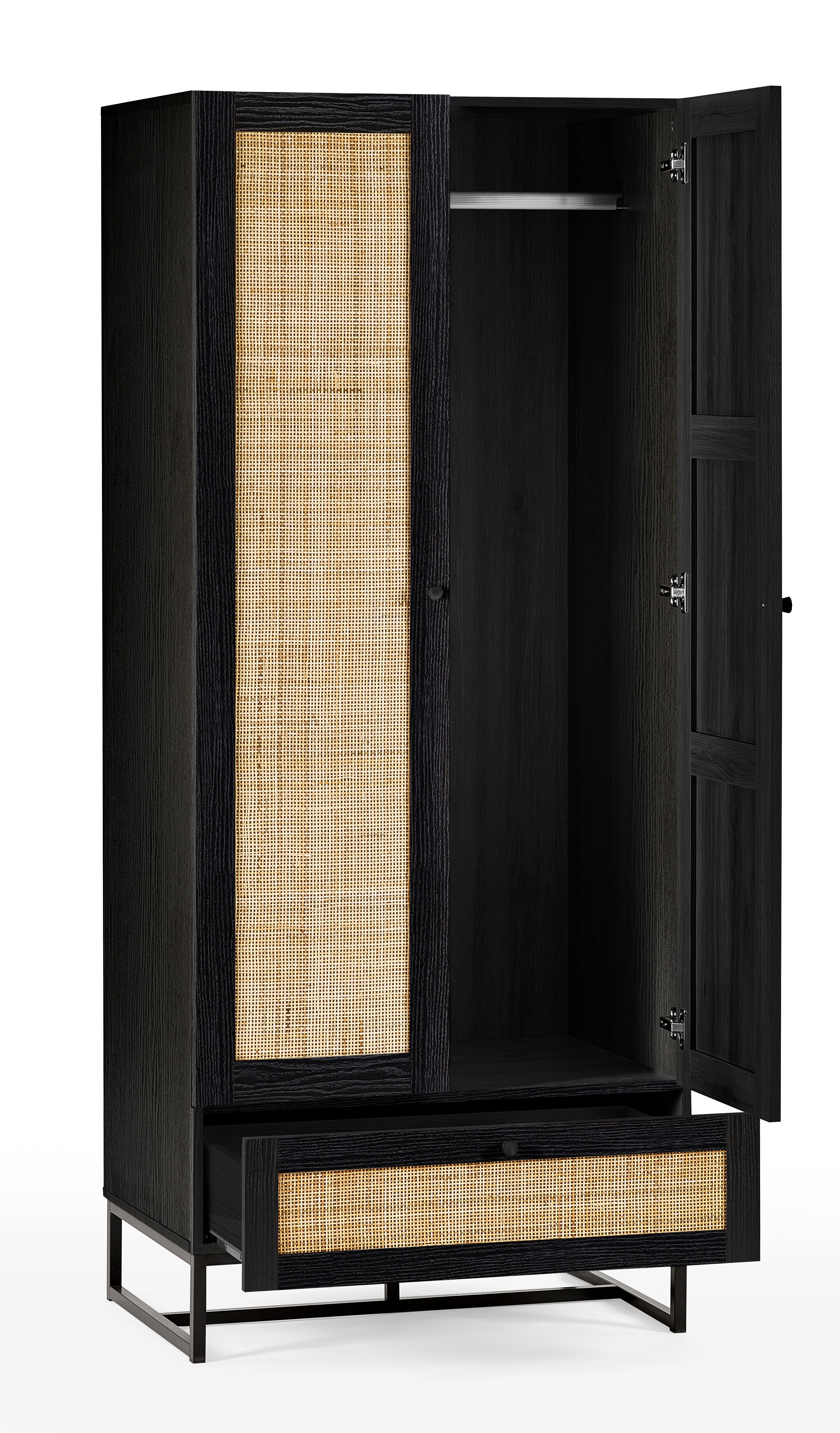 Clermont Black Oak Wood & Rattan Wardrobe